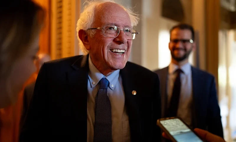WASHINGTON, DC - APRIL 23: U.S. Sen. Bernie Sanders (I-VT) speaks to reporters outside the Senate Chamber on Capitol Hill on April 23, 2024 in Washington, DC. The Senate takes up a $95 billion foreign aid package today for Ukraine, Israel and Taiwan. (Photo by Andrew Harnik/Getty Images)