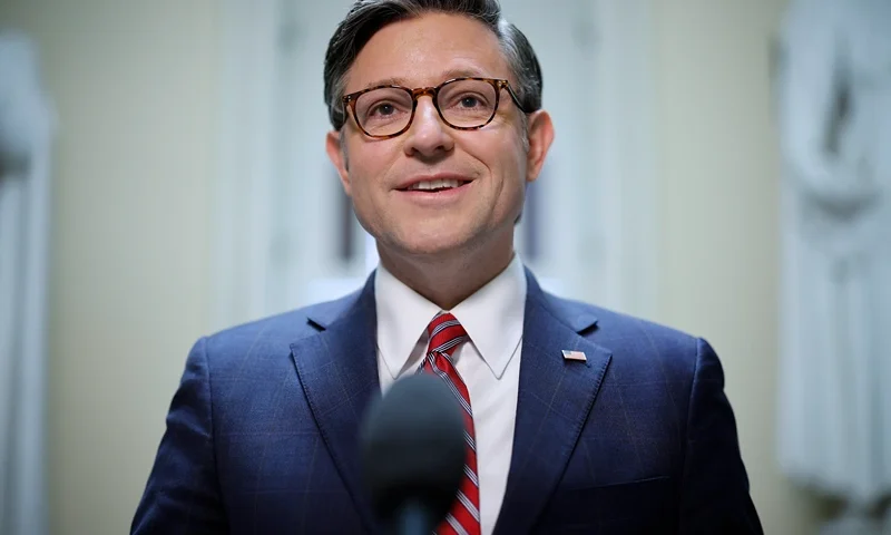 WASHINGTON, DC - JUNE 28: U.S. Speaker of the House Mike Johnson (R-LA) talks to reporters at the U.S. Capitol on June 28, 2024 in Washington, DC. Johnson said that members of President Joe Biden's cabinet should "search their hearts" and evoke the 25th Amendment to remove him from office after his performance at Thursday's presidential debate against former President Donald Trump. (Photo by Chip Somodevilla/Getty Images)