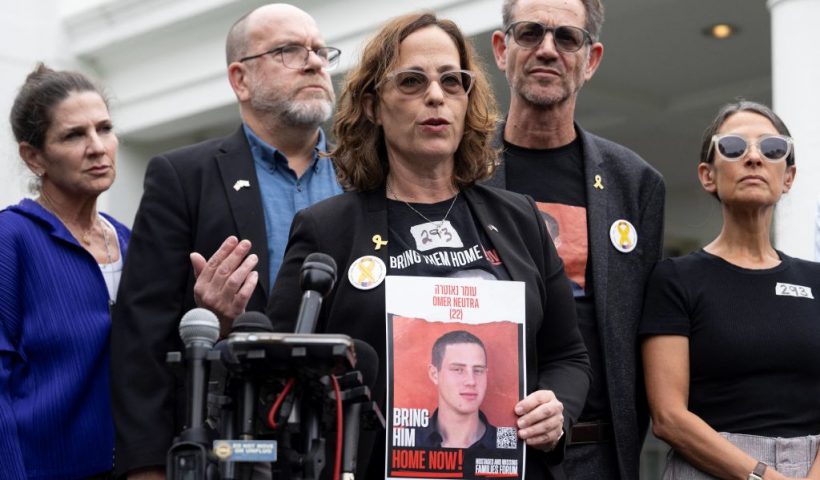 Orna Neutra, whose son Omer is being held hostage by Hamas, speaks to the press after a meeting of relatives of hostages with US President Joe Biden and Israeli Prime Minister Benjamin Netanyahu at the White House in Washington, DC, on July 25, 2024. (Photo by Jim WATSON / AFP) (Photo by JIM WATSON/AFP via Getty Images)
