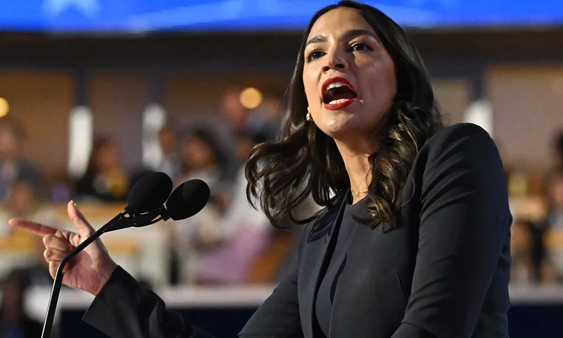 US Representative Alexandria Ocasio-Cortez (D-NY) speaks on the first day of the Democratic National Convention (DNC) at the United Center in Chicago, Illinois, on August 19, 2024. Vice President Kamala Harris will formally accept the party's nomination for president at the DNC which runs from August 19-22 in Chicago. (Photo by ANDREW CABALLERO-REYNOLDS / AFP) (Photo by ANDREW CABALLERO-REYNOLDS/AFP via Getty Images)