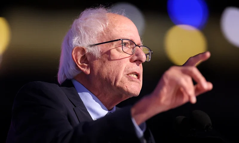 TOPSHOT - US Senator Bernie Sanders, Independent from Vermont, speaks on the second day of the Democratic National Convention (DNC) at the United Center in Chicago, Illinois, on August 20, 2024. Vice President Kamala Harris will formally accept the party's nomination for president at the DNC which runs from August 19-22 in Chicago. (Photo by CHARLY TRIBALLEAU / AFP) (Photo by CHARLY TRIBALLEAU/AFP via Getty Images)