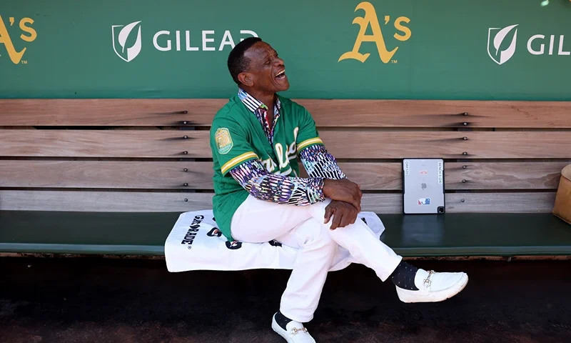 Former Oakland Athletics player Rickey Henderson sits in the dugout before the Oakland Athletics game against the Texas Rangers at the Oakland Coliseum on September 26, 2024 in Oakland, California. Today will be the final Athletics game played at the Coliseum. (Photo by Ezra Shaw/Getty Images)