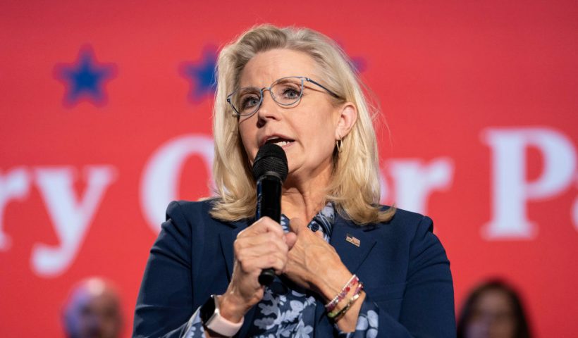 ROYAL OAK, MICHIGAN - OCTOBER 21: Former U.S. Rep. Liz Cheney (R-WY) speaks at a town hall with Democratic presidential nominee, Vice President Kamala Harris, at the Royal Oak Music Theatre on October 21, 2024 in Royal Oak, Michigan. Cheney joined Vice President Harris for stops Monday in Pennsylvania, Michigan and Wisconsin. (Photo by Sarah Rice/Getty Images)