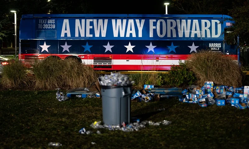 WSHINGTON, DC - NOVEMBER 06: Chairs and trash sit in an empty field after the election night watch party for Democratic presidential nominee, U.S. Vice President Kamala Harris at Howard University on November 06, 2024 in Wshington, DC. Americans cast their ballots today in the presidential race between Republican nominee former President Donald Trump and Vice President Kamala Harris, as well as multiple state elections that will determine the balance of power in Congress. (Kent Nishimura/Getty Images)