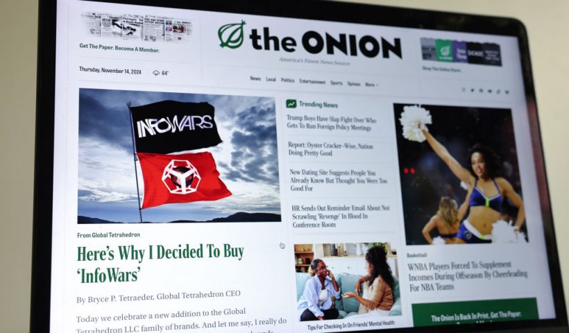 Alex Jones, Infowars, The Onion, Christopher Lopez, Austin, Texas, Sandy Hook Elementary School, Christopher Murray, First United American Companies, nutritional supplements, Bell Collins, Clickhole, Everytown for Gun Safety, Global Tetrahedron, Bryce P. Tetraeder, bankruptcy auction, parody, gun violence prevention, business, entertainment, news, tech, technology