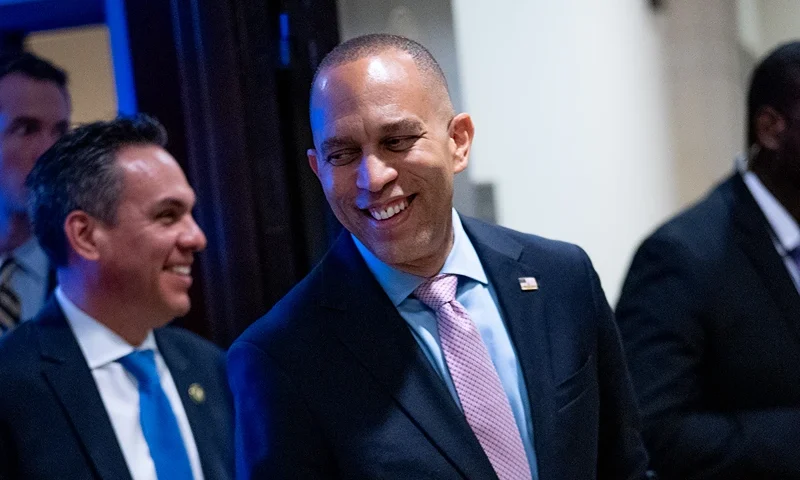 WASHINGTON, DC - NOVEMBER 19: Newly re-elected House Minority Leader Hakeem Jeffries (D-NY) (C) and House Democratic Caucus Chairman Rep. Pete Aguilar (D-CA) (L) leaves a news conference after House Democrats' Leadership Elections on Capitol Hill on November 19, 2024 in Washington, DC. Jeffries joins much of the same House Democratic leadership, winning re-election despite the Democrats falling short in winning control of the House. (Photo by Andrew Harnik/Getty Images)
