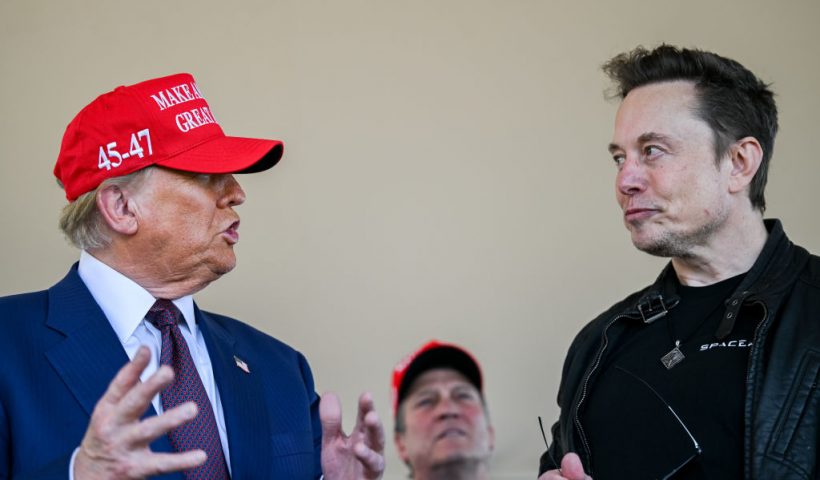 BROWNSVILLE, TEXAS - NOVEMBER 19: Elon Musk speaks with U.S. President-elect Donald Trump at a viewing of the launch of the sixth test flight of the SpaceX Starship rocket on November 19, 2024 in Brownsville, Texas. SpaceX’s billionaire owner, Elon Musk, a Trump confidante, has been tapped to lead the new Department of Government Efficiency alongside former presidential candidate Vivek Ramaswamy. (Photo by Brandon Bell/Getty Images)