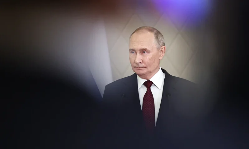 In this pool photograph distributed by the Russian state agency Sputnik, Russian President Vladimir Putin addresses the press after attending a meeting of the Collective Security Treaty Organization (CSTO) in Astana on November 28, 2024. Russian President Vladimir Putin arrived in Kazakhstan on November 27, 2024 for a two-day trip aimed at shoring up ties with his Central Asian allies as tensions mount over the Ukraine war. Kazakhstan is a member of the Moscow-led CSTO security alliance but has expressed concern about the almost three-year conflict, which Kazakh President Kassym-Jomart Tokayev has refused to condone. (Photo by Mikhail TERESHCHENKO / POOL / AFP) (Photo by MIKHAIL TERESHCHENKO/POOL/AFP via Getty Images)