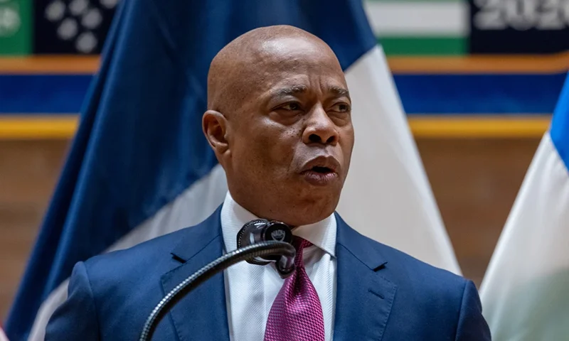 New York Mayor Eric Adams speaks before swearing in Jessica Tisch as the next Commissioner of the New York Police Department (NYPD) during a ceremony at One Police Plaza on November 25, 2024 in New York City. Tisch, 43, the former Sanitation Commissioner will become the second female to serve in the department's 179-year history. (Photo by Spencer Platt/Getty Images)