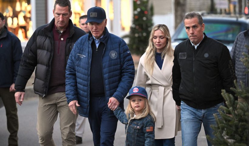 US President Joe Biden (2nd L) walks with son Hunter Biden (R), grandson Beau and daughter-in-law Melissa Cohen Biden after having lunch in Nantucket, Massachusetts, on November 29, 2024. Biden and family are in Nantucket, Massachusetts, for the Thanksgiving holiday. (Photo by Mandel NGAN / AFP) (Photo by MANDEL NGAN/AFP via Getty Images)