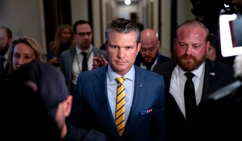 WASHINGTON, DC - DECEMBER 3: U.S. President-elect Donald Trump's nominee to be Secretary of Defense Pete Hegseth (C) walks through the Russell Senate Office Building on Capitol Hill on December 3, 2024 in Washington, DC. Hegseth continues to meet with Senate Republicans on Capitol Hill as new allegations of alcohol abuse and sexual misconduct have emerged. (Photo by Andrew Harnik/Getty Images)