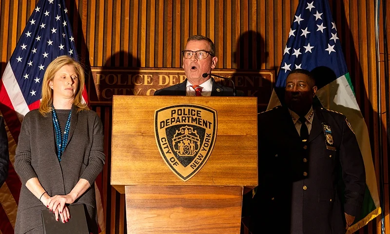 NEW YORK, NEW YORK - DECEMBER 4: New York City Chief of Detectives Joesph Kennedy (C) and New York City Police Commissioner Jessica Tisch (L) speak to the media regarding what homicide authorities believe was a targeted attack on United Healthcare CEO Brian Thompson at One Police Plaza on December 4, 2024, in New York City. Thompson was shot before 7:00am this morning before he was to attend the company's annual investors meeting. (Photo by Alex Kent/Getty Images)