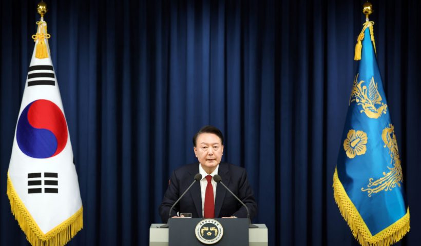 SEOUL, SOUTH KOREA - DECEMBER 03: In this handout image provided by South Korean Presidential Office, South Korean President Yoon Suk-Yeol speaks during the declaration of emergency martial law at the Presidential Office on December 03, 2024 in Seoul, South Korea. President Yoon Suk Yeol declared emergency martial law on Tuesday, accusing the opposition of "anti-state activities plotting rebellion." (Photo by South Korean Presidential Office via Getty Images)