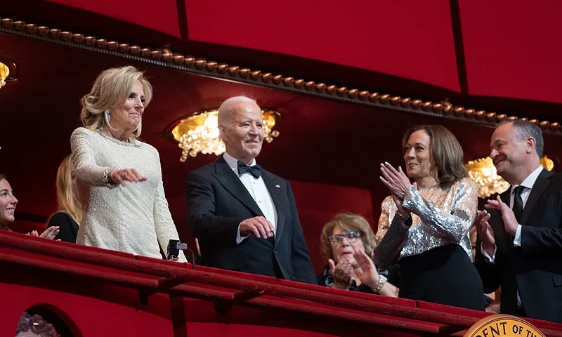 US President Joe Biden, First Lady Jill Biden, Vice-President Kamala Harris and Second Gentleman Doug Emhoff attend the 47th Kennedy Center Honors at the Kennedy Center in Washington, DC, December 8, 2024. (Photo by Chris Kleponis / AFP) (Photo by CHRIS KLEPONIS/AFP via Getty Images)