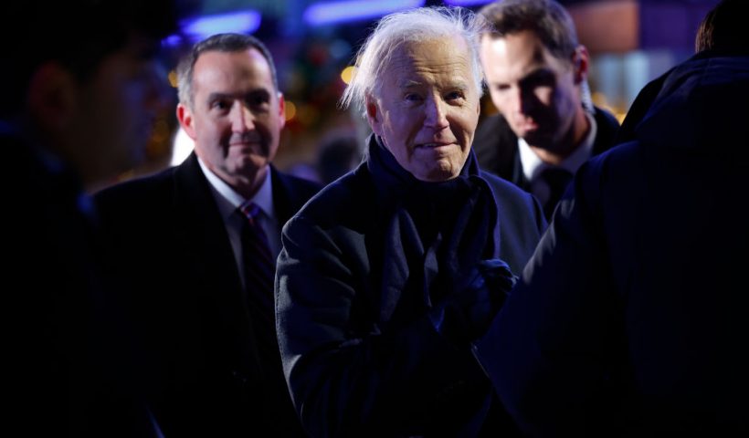 WASHINGTON, DC - DECEMBER 05: U.S. President Joe Biden prepares to depart the 102nd National Christmas Tree Lighting Ceremony on the Ellipse on December 05, 2024 in Washington, DC. The 2024 National Christmas Tree is a 35-foot Red Spruce from the George Washington and Jefferson National Forests in Virginia. (Photo by Kevin Dietsch/Getty Images)