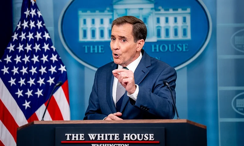 WASHINGTON, DC - DECEMBER 12: White House National Security Communications Adviser John Kirby speaks during a news conference in the Brady Press Briefing Room at the White House on December 12, 2024 in Washington, DC. White House Press Secretary Karine Jean-Pierre and Kirby discussed U.S. President Joe Biden's decision to commute the sentences of almost 1,500 offenders and pardon 39 people convicted of nonviolent crimes, mysterious drone sightings in New Jersey and other areas along the East Coast, the status of Travis Timmerman and Austin Tice, and other topics. (Photo by Andrew Harnik/Getty Images)