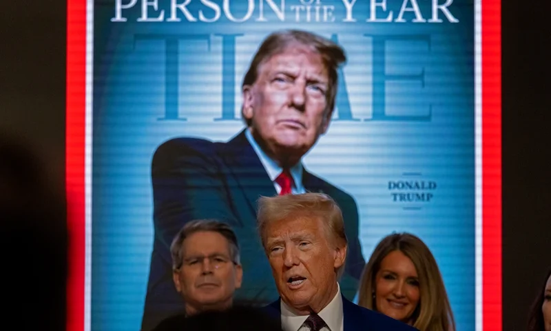 NEW YORK, NEW YORK - DECEMBER 12: President-elect Donald Trump speaks at a reception at the New York Stock Exchange (NYSE) after being named TIME’s “Person of the Year” for the second time on December 12, 2024 in New York City. Trump followed the event by ringing the opening bell on the trading floor. (Photo by Spencer Platt/Getty Images)