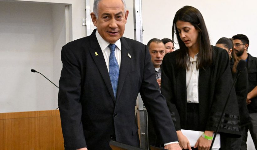 Israeli Prime Minister Benjamin Netanyahu attends the fifth day of testimony in his trial on corruption charges at the district court in Tel Aviv on December 23, 2024. (Photo by DEBBIE HILL / POOL / AFP) (Photo by DEBBIE HILL/POOL/AFP via Getty Images)