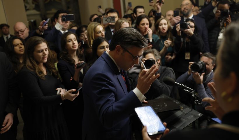 WASHINGTON, DC - DECEMBER 19: U.S. Speaker of the House Mike Johnson (R-LA) departs after speaking to reporters outside of the House Chambers in the U.S. Capitol on December 19, 2024 in Washington, DC. House Republicans are working to pass a new deal to avert a government shutdown with a continuing budget resolution that is supported by President-elect Donald Trump (Photo by Anna Moneymaker/Getty Images)