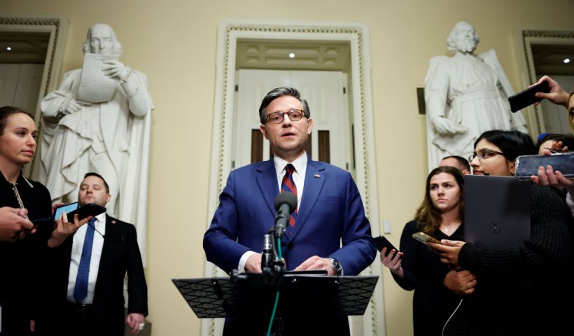 WASHINGTON, DC - DECEMBER 19: U.S. Speaker of the House Mike Johnson (R-LA) speaks to reporters outside of the House Chambers in the U.S. Capitol on December 19, 2024 in Washington, DC. House Republicans are working to pass a new deal to avert a government shutdown with a continuing budget resolution that is supported by President-elect Donald Trump (Photo by Kevin Dietsch/Getty Images)