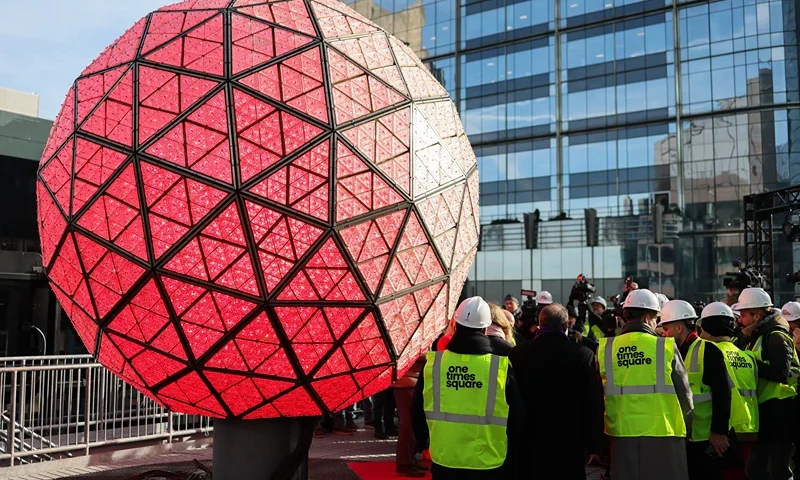 The Times Square New Year's Eve Ball is unveiled in preparation for the December 31 celebration in New York City, on December 27, 2024. The Waterford Crystal New Year's Eve Ball is a geodesic sphere, 12 feet (3.7 meters) in diameter, weighs 11,875 pounds (5386 kgs) and has more than 32,000 LED lights illuminating it. (Photo by CHARLY TRIBALLEAU / AFP) (Photo by CHARLY TRIBALLEAU/AFP via Getty Images)