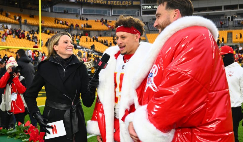 PITTSBURGH, PENNSYLVANIA - DECEMBER 25: Patrick Mahomes #15 and Travis Kelce #87 of the Kansas City Chiefs speaks with a NETFLIX reporter after the game against the Pittsburgh Steelers at Acrisure Stadium on December 25, 2024 in Pittsburgh, Pennsylvania. (Photo by Joe Sargent/Getty Images)
