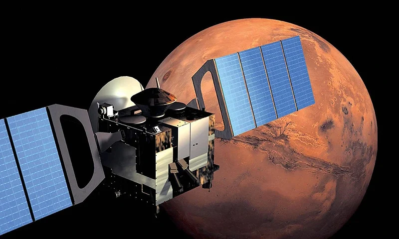 -, SPACE: This artist impression image released by European Space Agency (ESA) shows Mars Express in orbit around Mars. Mars Express, launched by a Soyuz fregat 02 June 2003 will eject the Beagle 2 lander 19 December 2003. Beagle 2 will make its own way to the correct landing site on the surface. The orbiter will then manoeuvre into a highly elliptical capture orbit, from which it can move into its operational near-polar orbit. AFP PHOTO/ ESA /Illustration by Medialab (Photo credit should read -/AFP via Getty Images)