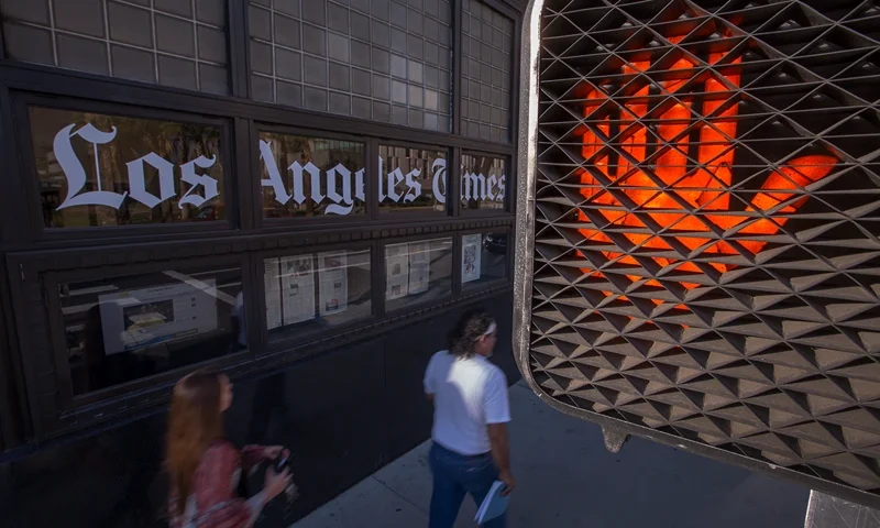 LOS ANGELES, CA - FEBRUARY 06: The Los Angeles Times building is seen on February 6, 2018 in Los Angeles, California. Parent company, Tronc, is believed to be close to selling The Times and The San Diego Union-Tribune to billionaire Los Angeles doctor, Patrick Soon-Shiong, for about $500 million. (Photo by David McNew/Getty Images)