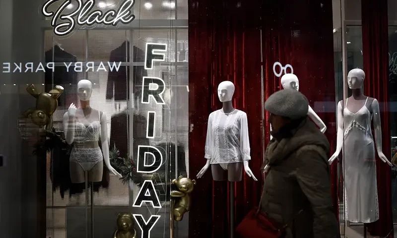 A shopper walks past an advertisement for Black Friday sales displayed in a store window at Pentagon City in Arlington, Virginia, U.S., November 27, 2024. REUTERS/Benoit Tessier/File Photo