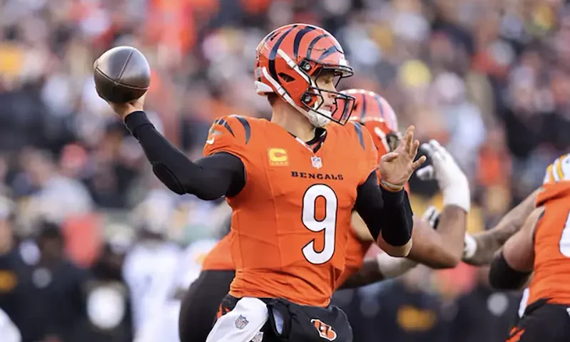 Cincinnati Bengals quarterback Joe Burrow (9) drops to throw during the fourth quarter against the Pittsburgh Steelers at Paycor Stadium. Mandatory Credit: Joseph Maiorana-Imagn Images/ File Photo