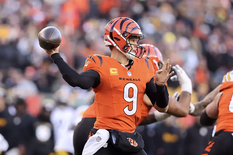 Cincinnati Bengals quarterback Joe Burrow (9) drops to throw during the fourth quarter against the Pittsburgh Steelers at Paycor Stadium. Mandatory Credit: Joseph Maiorana-Imagn Images/ File Photo