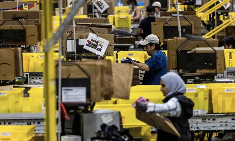Workers select products during Cyber Monday at the Amazon's fulfillment center in Robbinsville, New Jersey, U.S., December 2, 2024. REUTERS