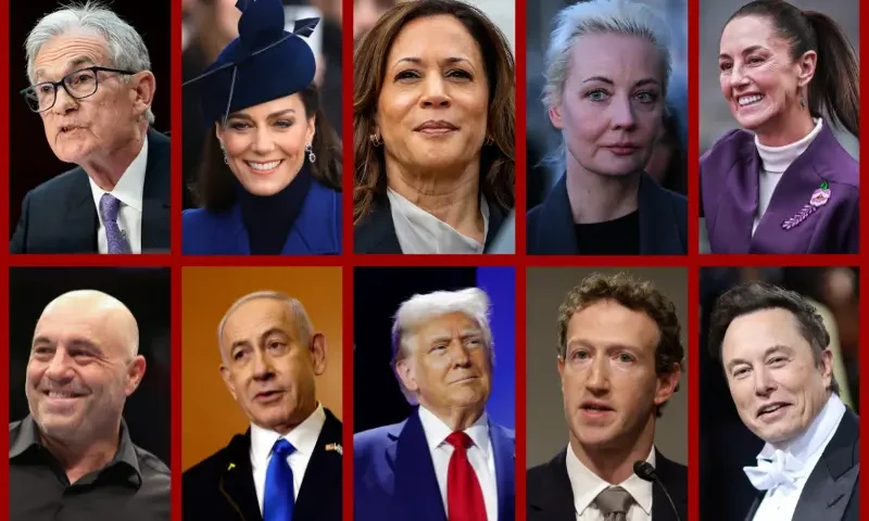 Jerome Powell (Photo by Bonnie Cash/Getty Images), Kate Middleton (Photo by Stephen Pond/Getty Images), Kamala Harris (Photo by Andrew Harnik/Getty Images), Yulia Navalnaya (Photo by Sean Gallup/Getty Images), Claudia Sheinbaum (Photo by Manuel Velasquez/Getty Images), Joe Rogan (Photo by Christian Petersen/Getty Images), Benjamin Netanyahu (Photo by Anna Moneymaker/Getty Images), Donald Trump (Photo by Anna Moneymaker/Getty Images), Mark Zuckerberg (Photo by Alex Wong/Getty Images), Elon Musk (Photo by Dimitrios Kambouris/Getty Images for The Met Museum/Vogue)