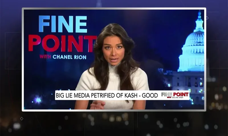 Video still of the host of Fine Point at the desk of their talk show on One America News Network.