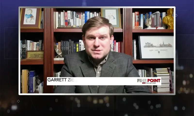 Video still from Fine Point on One America News Network during an interview with the guest, Garrett Ziegler.