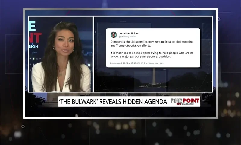 Video still of the host of Fine Point at the desk of their talk show on One America News Network.