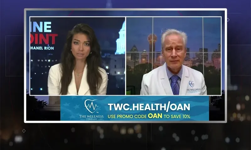 Video still from Fine Point on One America News Network showing a split screen of the host on the left side, and on the right side is the guest, Dr. Peter McCullough.