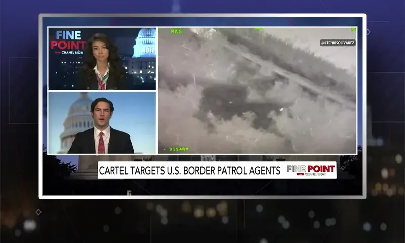 Video still from Fine Point on One America News Network showing a split screen of the host on the left side, and on the right side is the guest, Congressman-elect Brandon Gill.