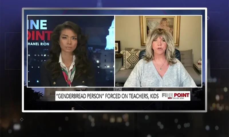 Video still from Fine Point on One America News Network showing a split screen of the host on the left side, and on the right side is the guest, Megan Barth.