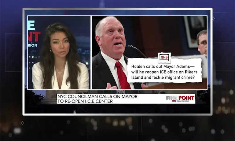 Video still of the host of Fine Point at the desk of their talk show on One America News Network.