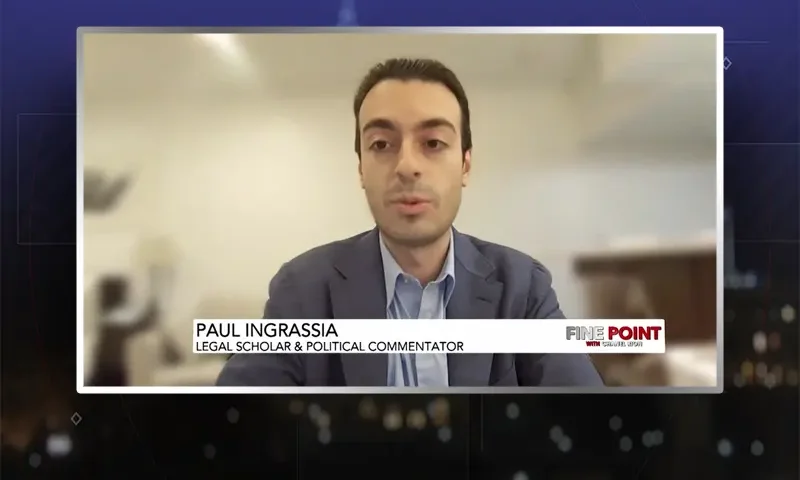 Video still from Fine Point on One America News Network during an interview with the guest, Paul Ingrassia.
