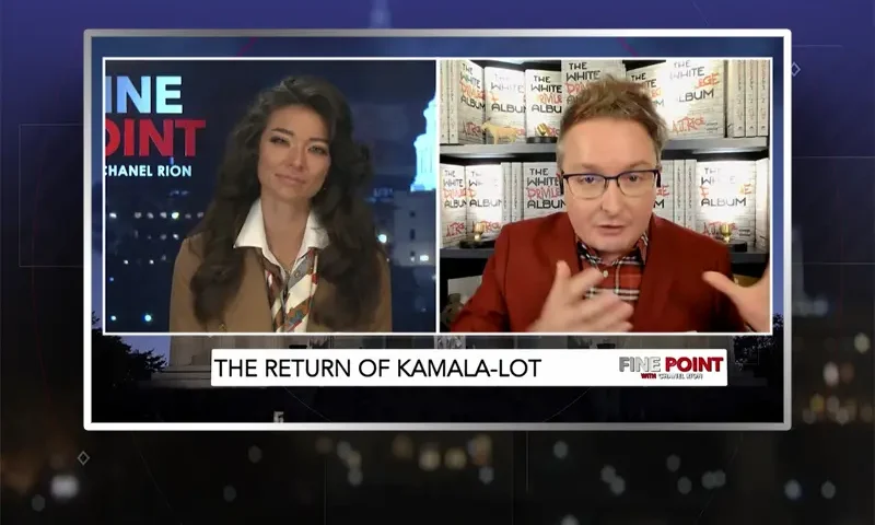 Video still from Fine Point on One America News Network showing a split screen of the host on the left side, and on the right side is the guest, AJ Rice.