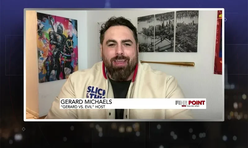 Video still from Fine Point on One America News Network during an interview with the guest, Gerard Michaels.
