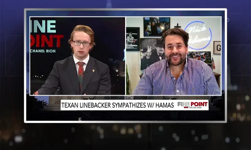 Video still from Fine Point on One America News Network showing a split screen of the host on the left side, and on the right side is the guest, Nick Adams.