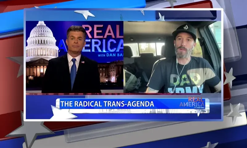 Video still from Real America on One America News Network showing a split screen of the host on the left side, and on the right side is the guest, Adam Vena.