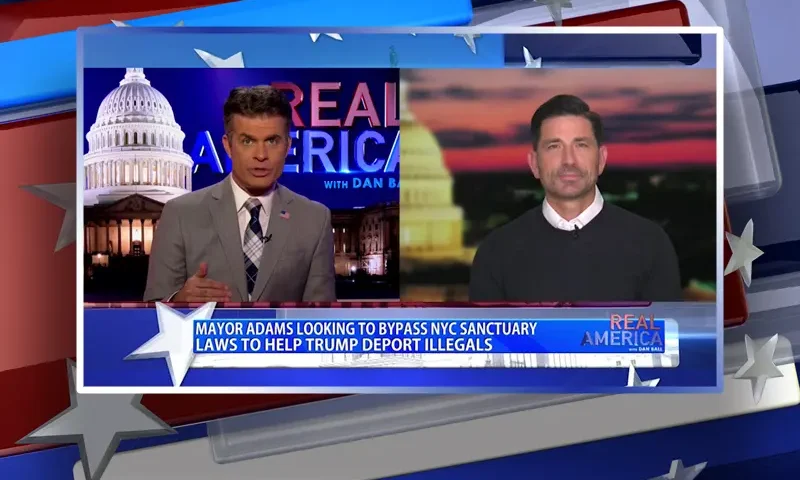 Video still from Real America on One America News Network showing a split screen of the host on the left side, and on the right side is the guest, Chad Wolf.