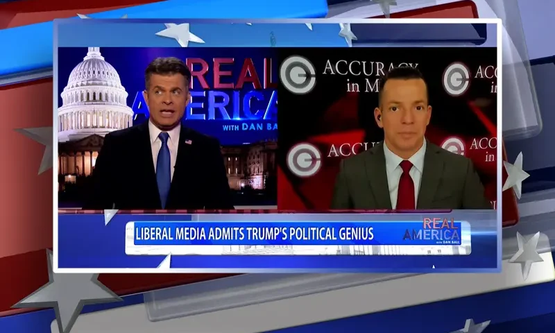 Video still from Real America on One America News Network showing a split screen of the host on the left side, and on the right side is the guest, Adam Guillette.