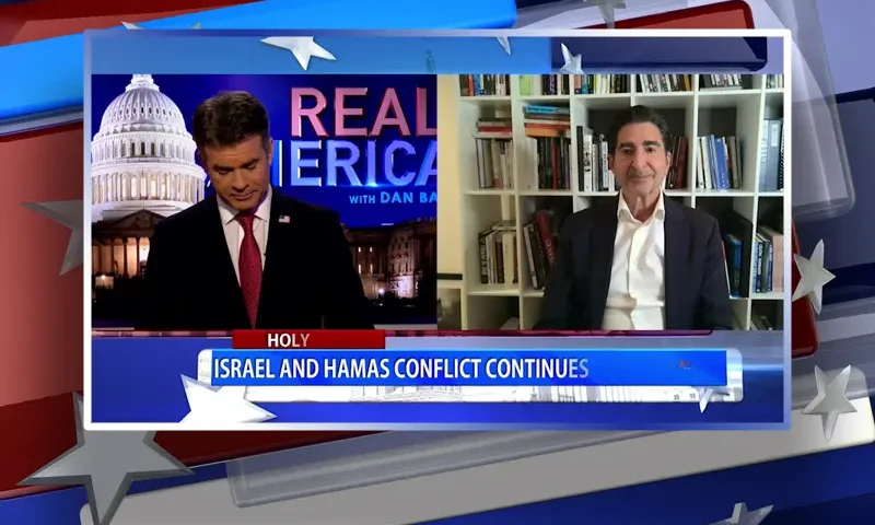 Video still from Real America on One America News Network showing a split screen of the host on the left side, and on the right side is the guest, Harley Lippman.