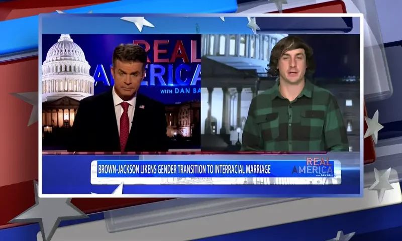 Video still from Real America on One America News Network showing a split screen of the host on the left side, and on the right side is the guest, Harrison Tinsley.