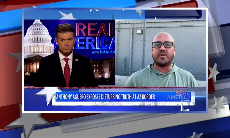Video still from Real America on One America News Network showing a split screen of the host on the left side, and on the right side is the guest, Anthony Aguero.